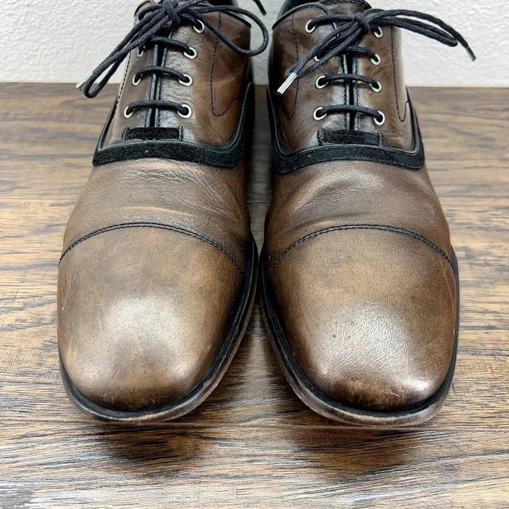 John Varvatos Size 11.5D‎ Oxfords Dress Shoes Brown Leather Cap Toe Suede Trim
